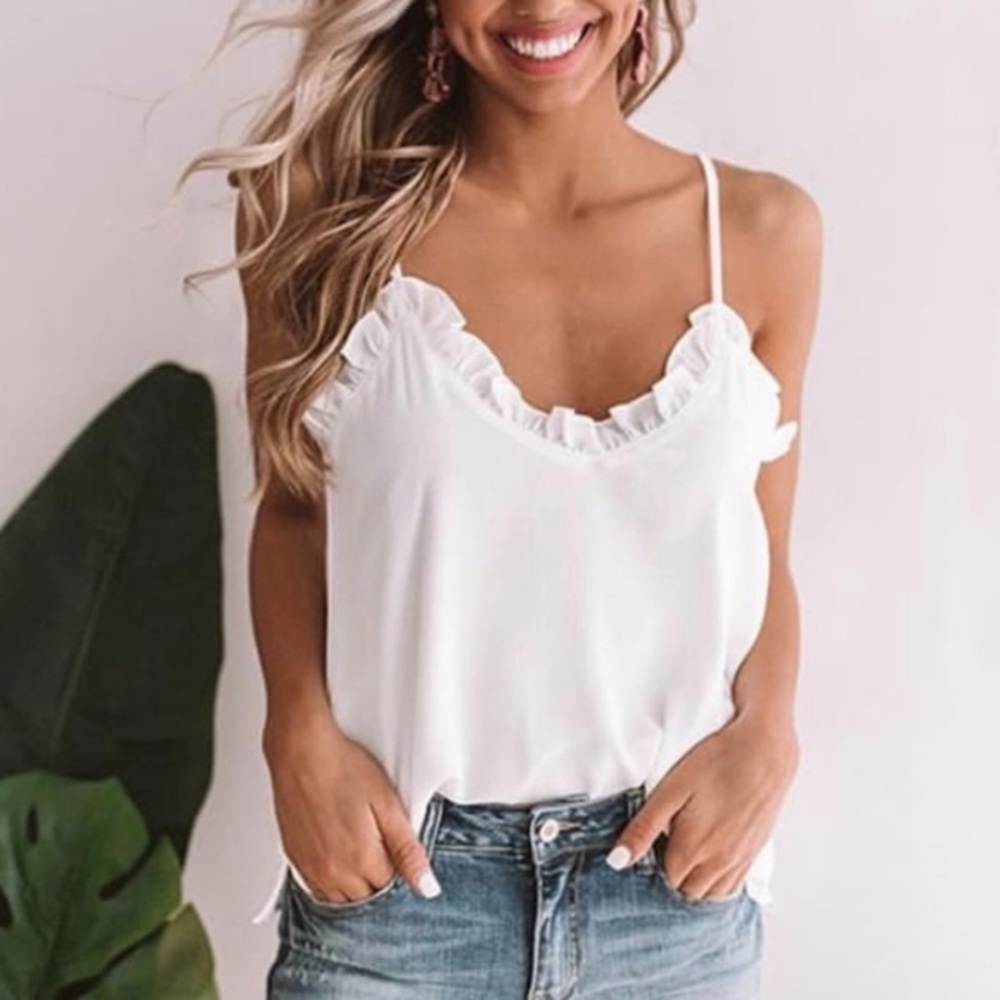 New Ivory White Ruffle Front Spaghetti Strap Cardigan Top